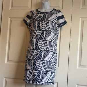 Tommy Bahama Navy Blue and White Leaf Pattern Dress